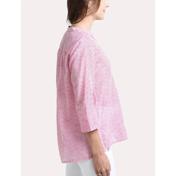 Oliphant Pintuck Tunic Blouse Womens L Pink & White Geometric Pattern 3/4 Sleeve - Picture 4 of 12